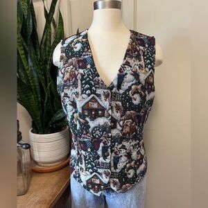 Vintage Christmas Tapestry Vest Winter Scene‎ XL 90s